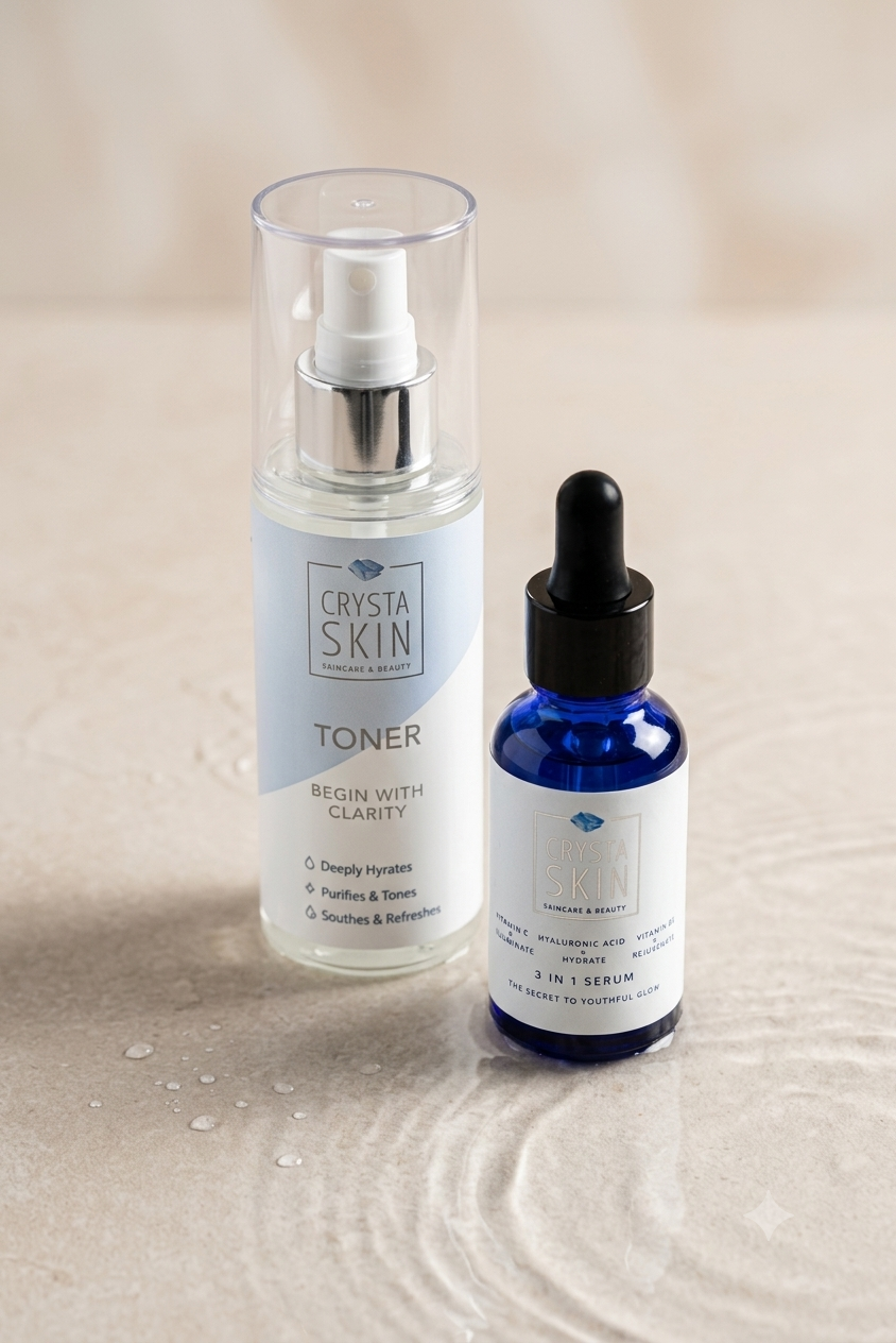 Two skincare products, a toner and a serum, on a beige surface.