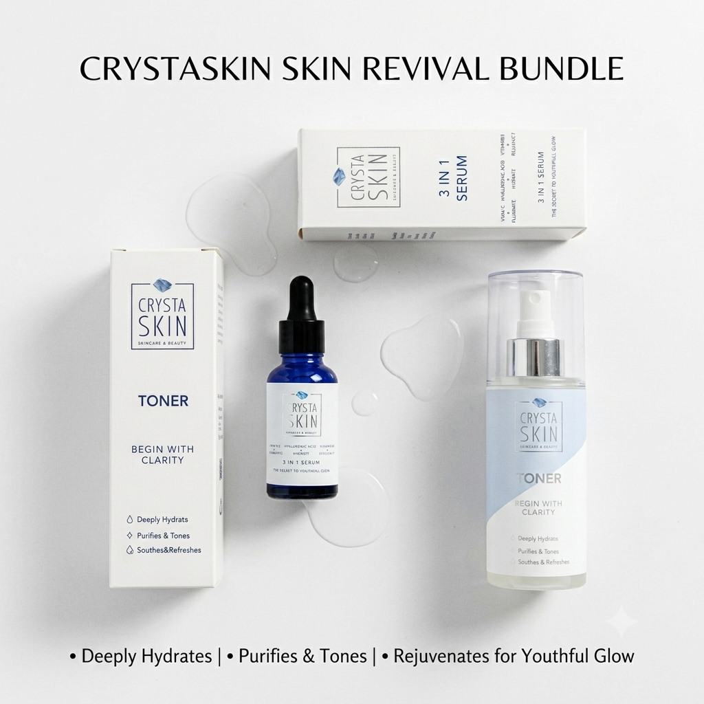 Crystaskin skin revival bundle with toner, serum, and other products on a white background