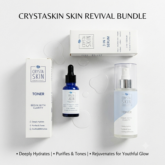 Crystaskin skin revival bundle with toner, serum, and other products on a white background